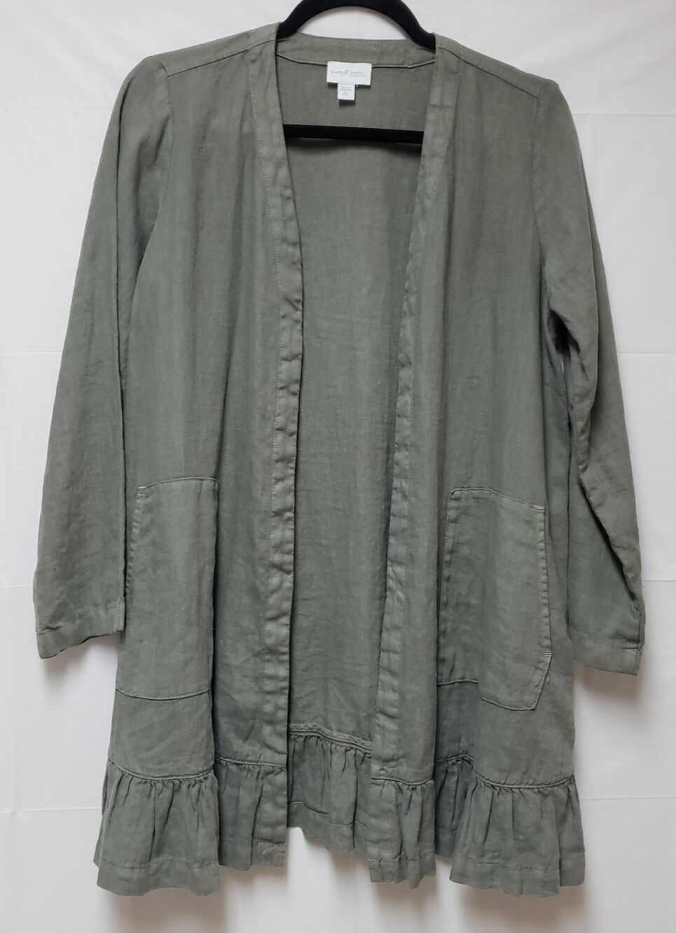 PureJill Women’s 100% Linen Cardigan Duster with Ruffles & Pockets Sz XS P PO-Ex